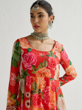 Yellow & Red Floral Frill Hem Anarkali Kurta -Shae by SASSAFRAS