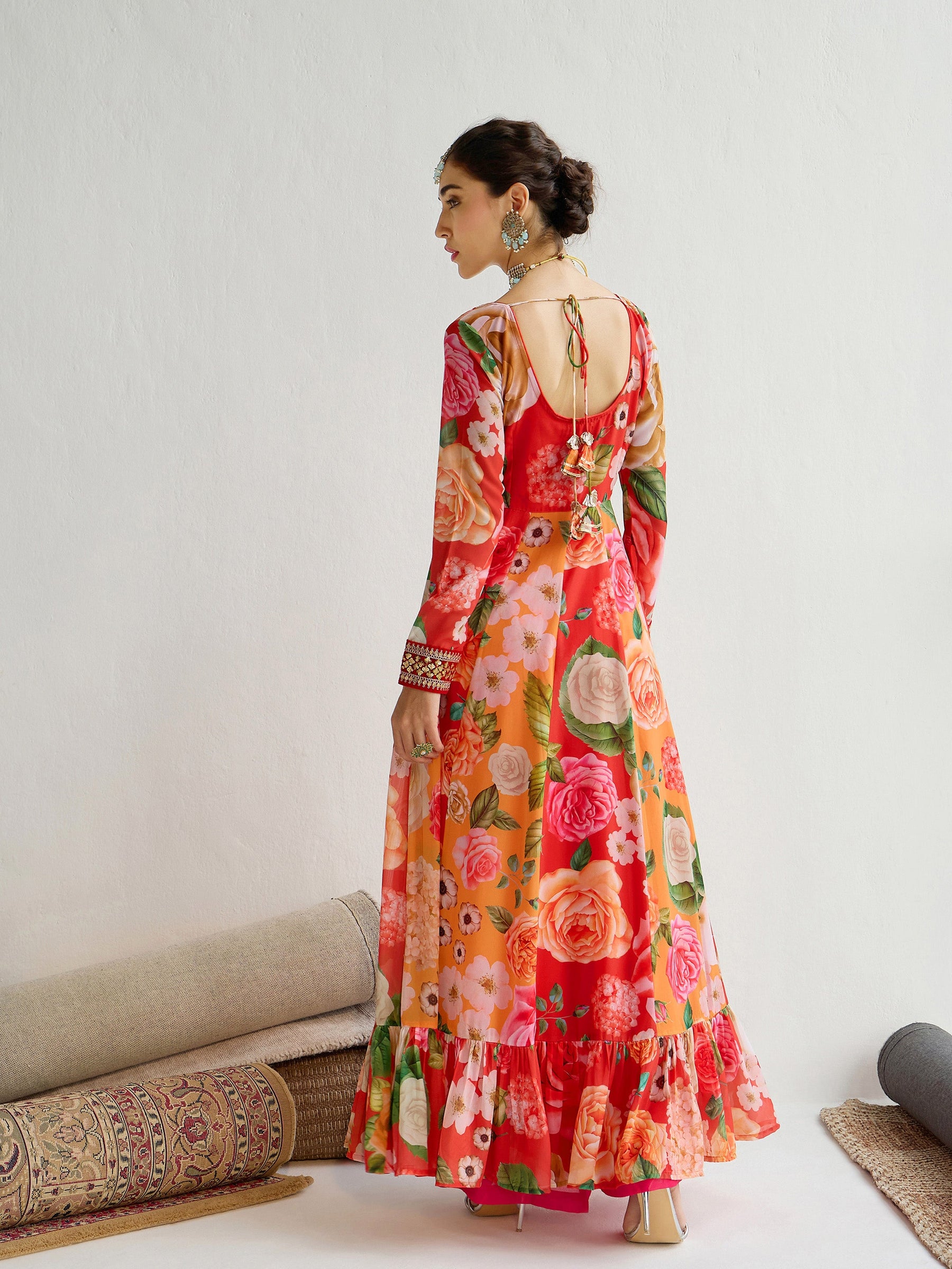 Yellow & Red Floral Frill Hem Anarkali Kurta -Shae by SASSAFRAS