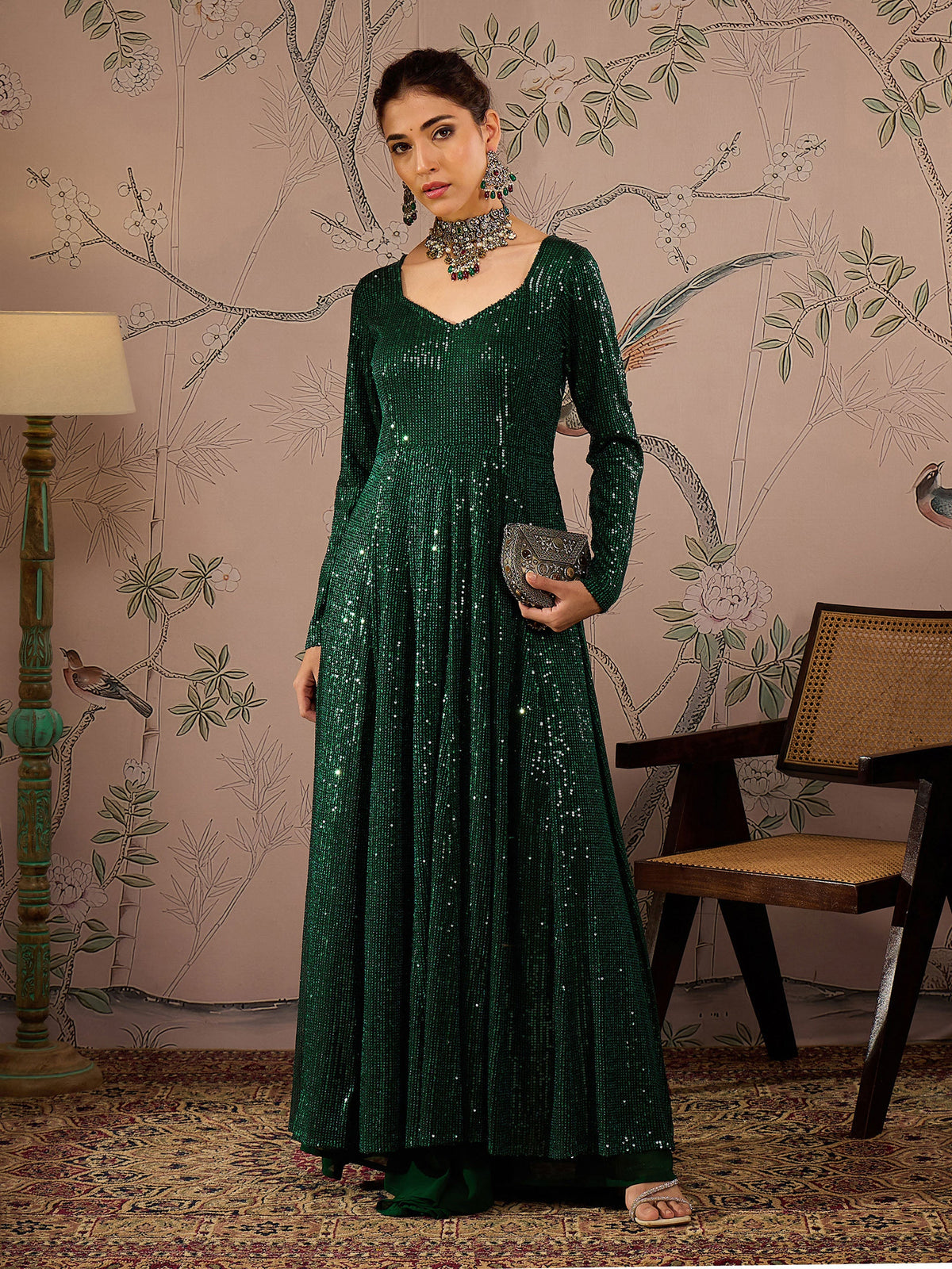 Emerald Green Sequins Sweetheart Neck Anarkali Kurta-Shae by SASSAFRAS