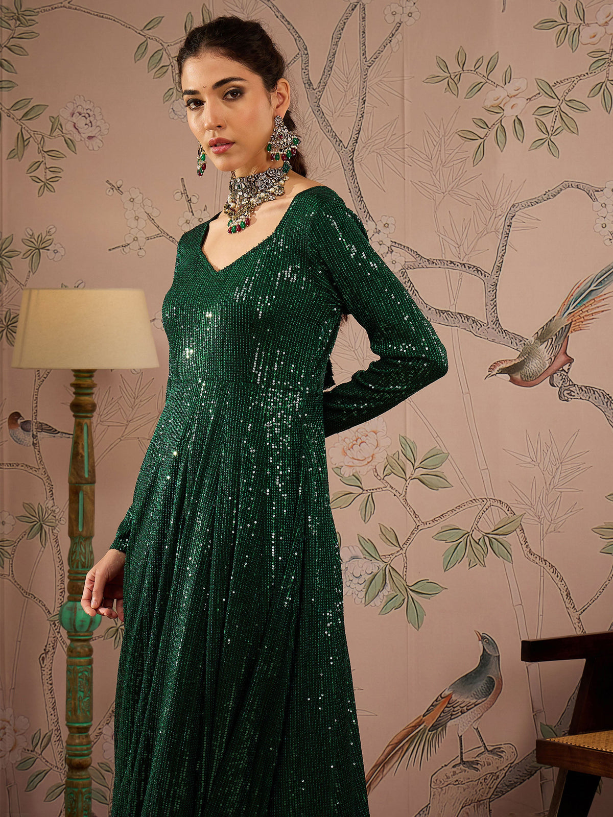 Emerald Green Sequins Sweetheart Neck Anarkali Kurta-Shae by SASSAFRAS