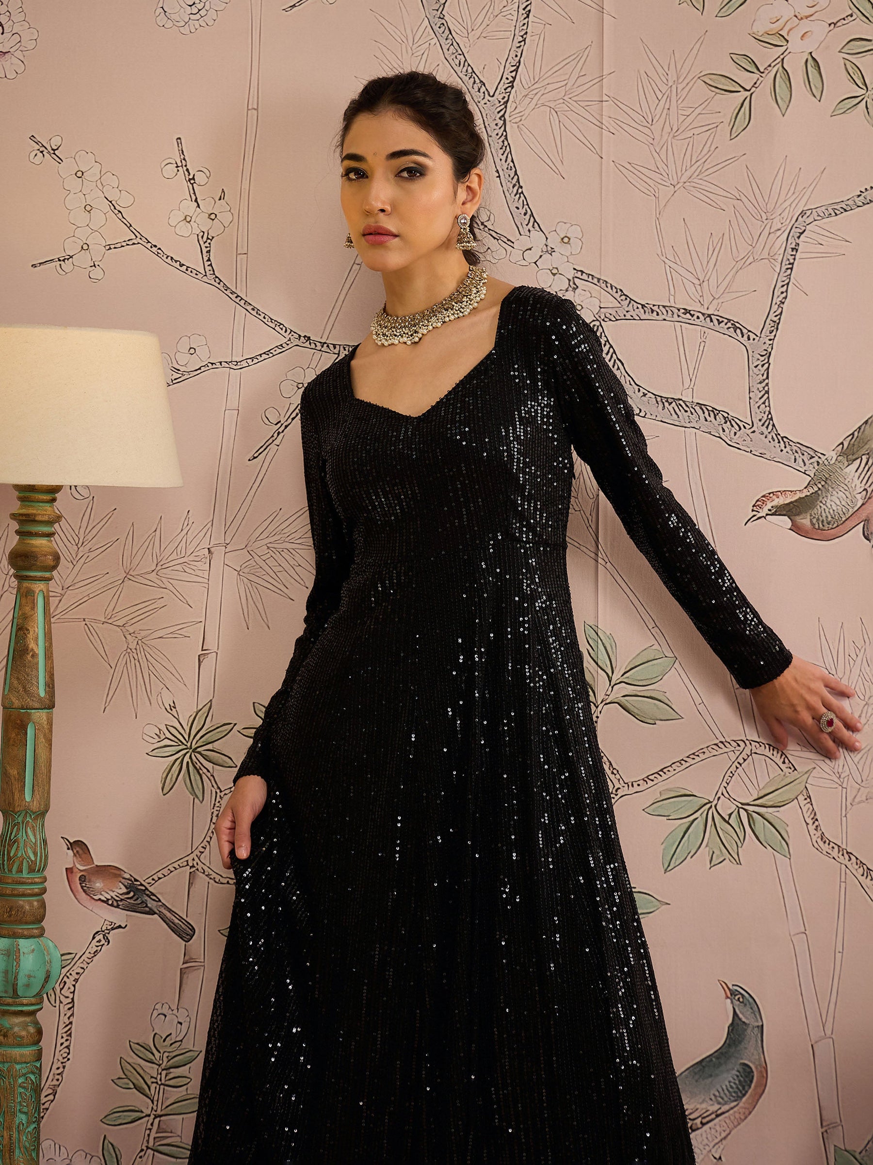 Black Sequins Sweetheart Neck Anarkali Kurta-Shae by SASSAFRAS