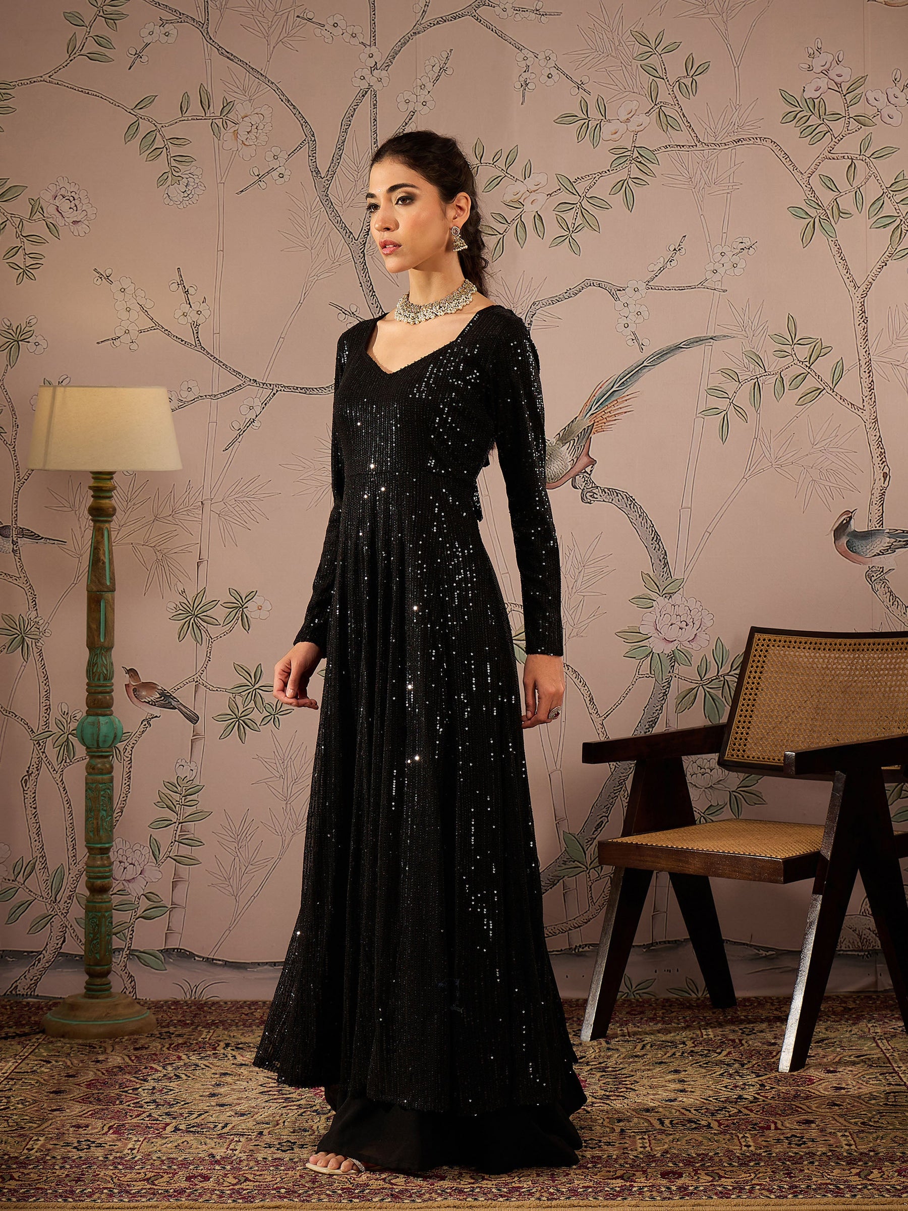 Black Sequins Sweetheart Neck Anarkali Kurta-Shae by SASSAFRAS