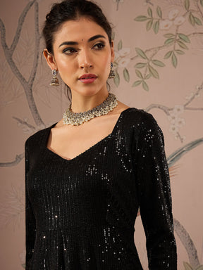 Black Sequins Sweetheart Neck Anarkali Kurta-Shae by SASSAFRAS