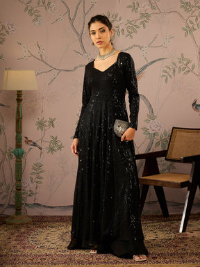Black Sequins Sweetheart Neck Anarkali Kurta-Shae by SASSAFRAS