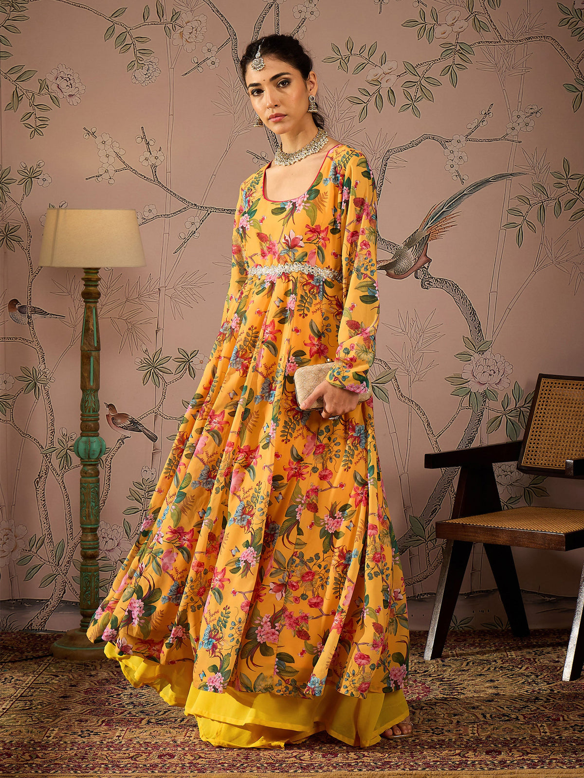 Yellow Floral Round Neck Anarkali Kurta -Shae by SASSAFRAS