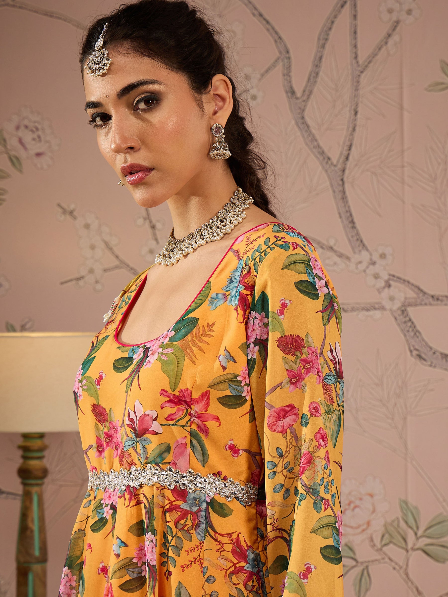 Yellow Floral Round Neck Anarkali Kurta -Shae by SASSAFRAS