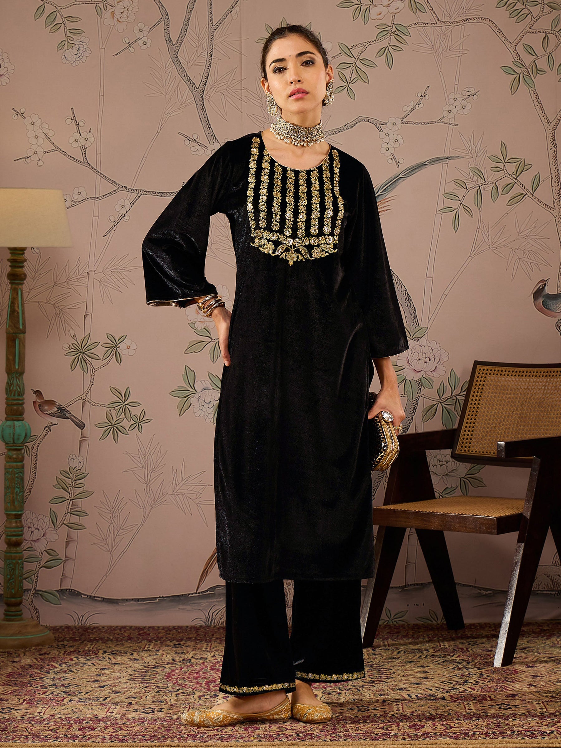 Black Velvet Front Embroidered Kurta -Shae by SASSAFRAS