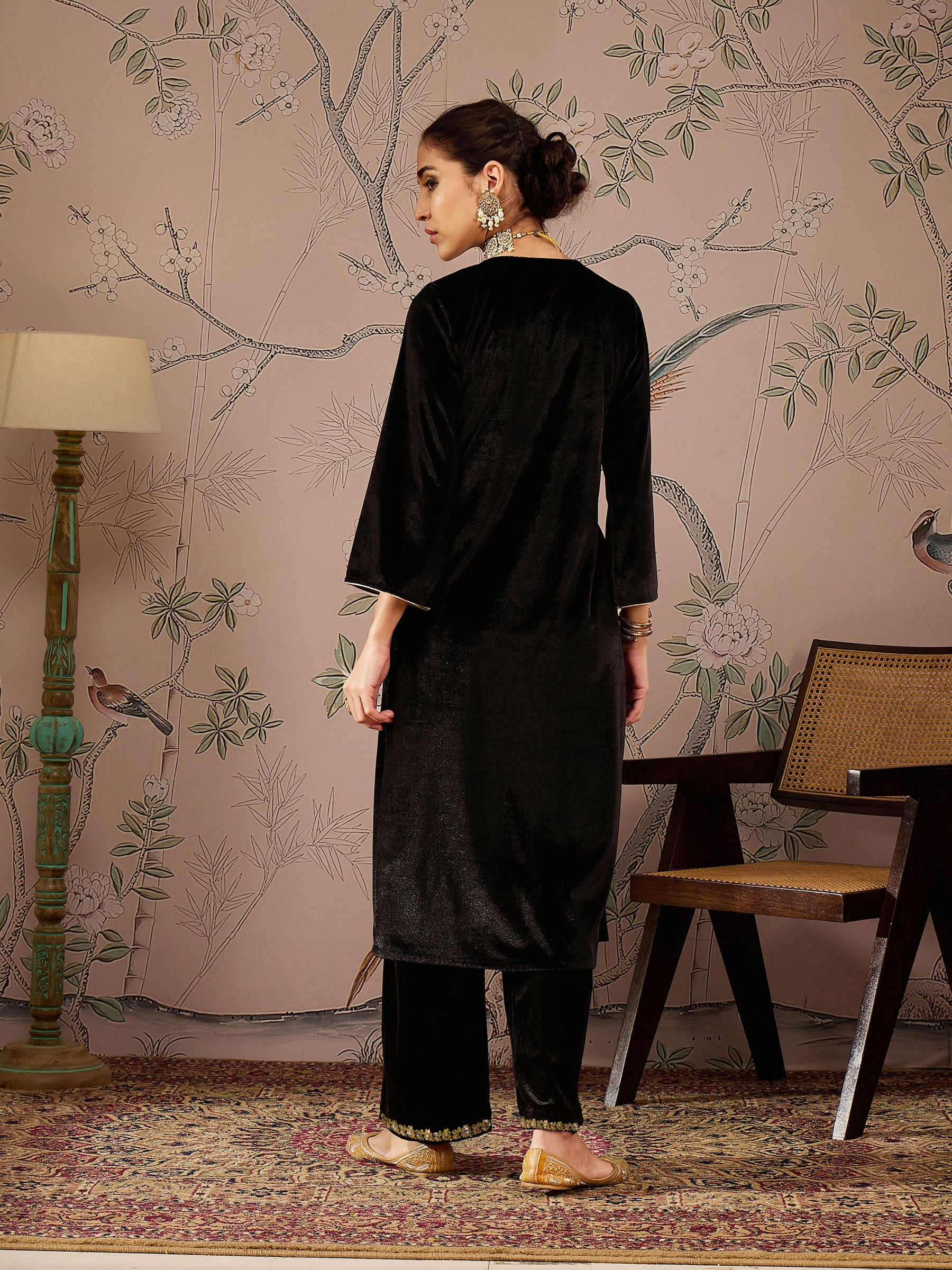 Black Velvet Front Embroidered Kurta -Shae by SASSAFRAS