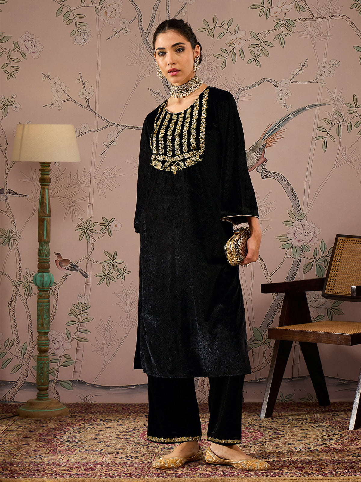 Black Velvet Embroidered Kurta With Straight Pants-Shae by SASSAFRAS