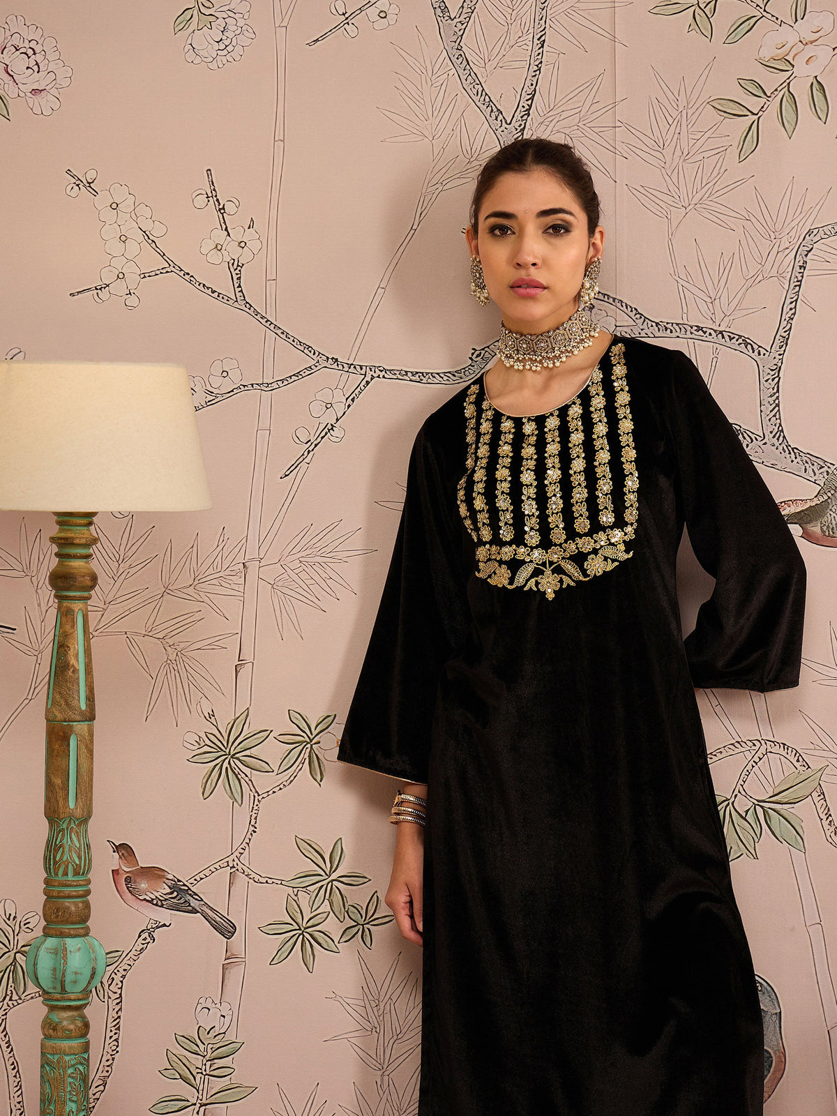 Black Velvet Embroidered Kurta With Straight Pants-Shae by SASSAFRAS