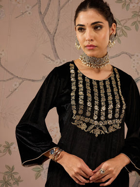 Black Velvet Embroidered Kurta With Straight Pants-Shae by SASSAFRAS