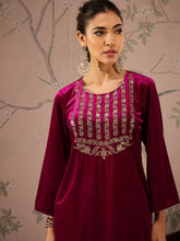 Fuchsia Velvet Front Embroidered Kurta-Shae by SASSAFRAS