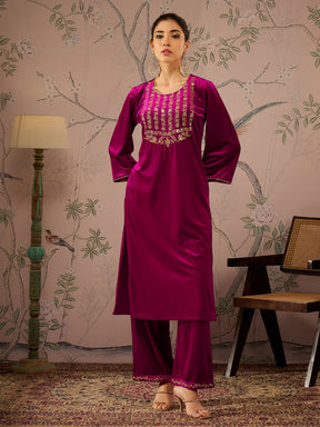 Fuchsia Velvet Front Embroidered Kurta-Shae by SASSAFRAS