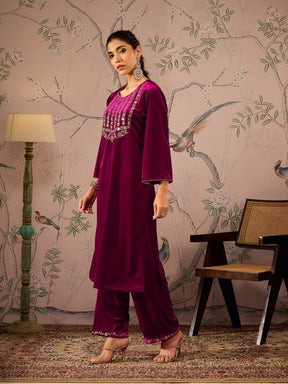 Fuchsia Velvet Front Embroidered Kurta-Shae by SASSAFRAS