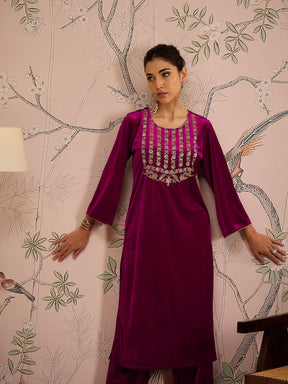 Fuchsia Velvet Front Embroidered Kurta-Shae by SASSAFRAS