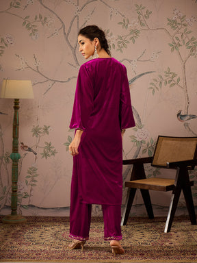 Fuchsia Velvet Front Embroidered Kurta-Shae by SASSAFRAS