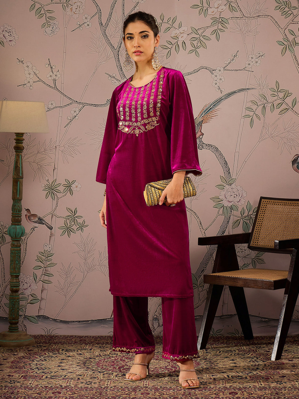 Fuchsia Velvet Embroidered Kurta With Straight Pants-Shae by SASSAFRAS