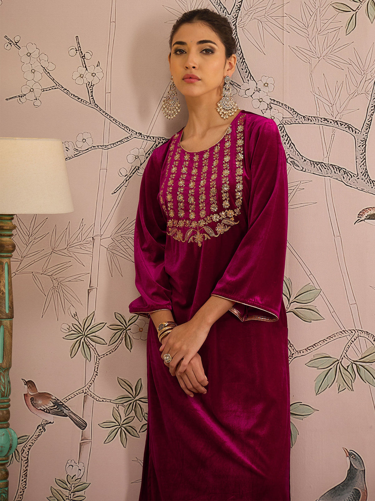 Fuchsia Velvet Embroidered Kurta With Straight Pants-Shae by SASSAFRAS