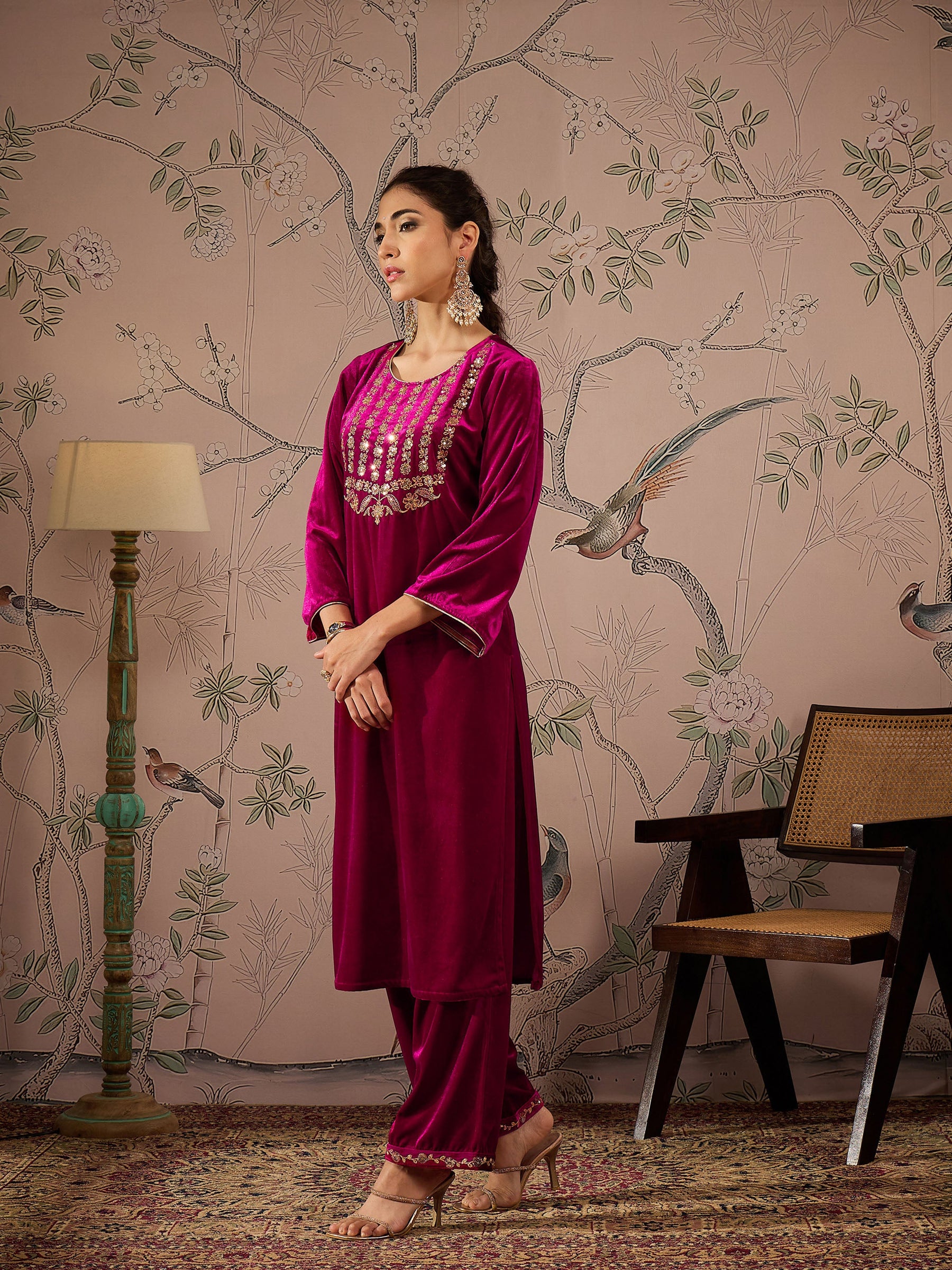 Fuchsia Velvet Embroidered Kurta With Straight Pants-Shae by SASSAFRAS