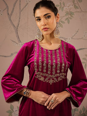 Fuchsia Velvet Embroidered Kurta With Straight Pants-Shae by SASSAFRAS