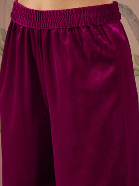 Fuchsia Velvet Embroidered Kurta With Straight Pants-Shae by SASSAFRAS