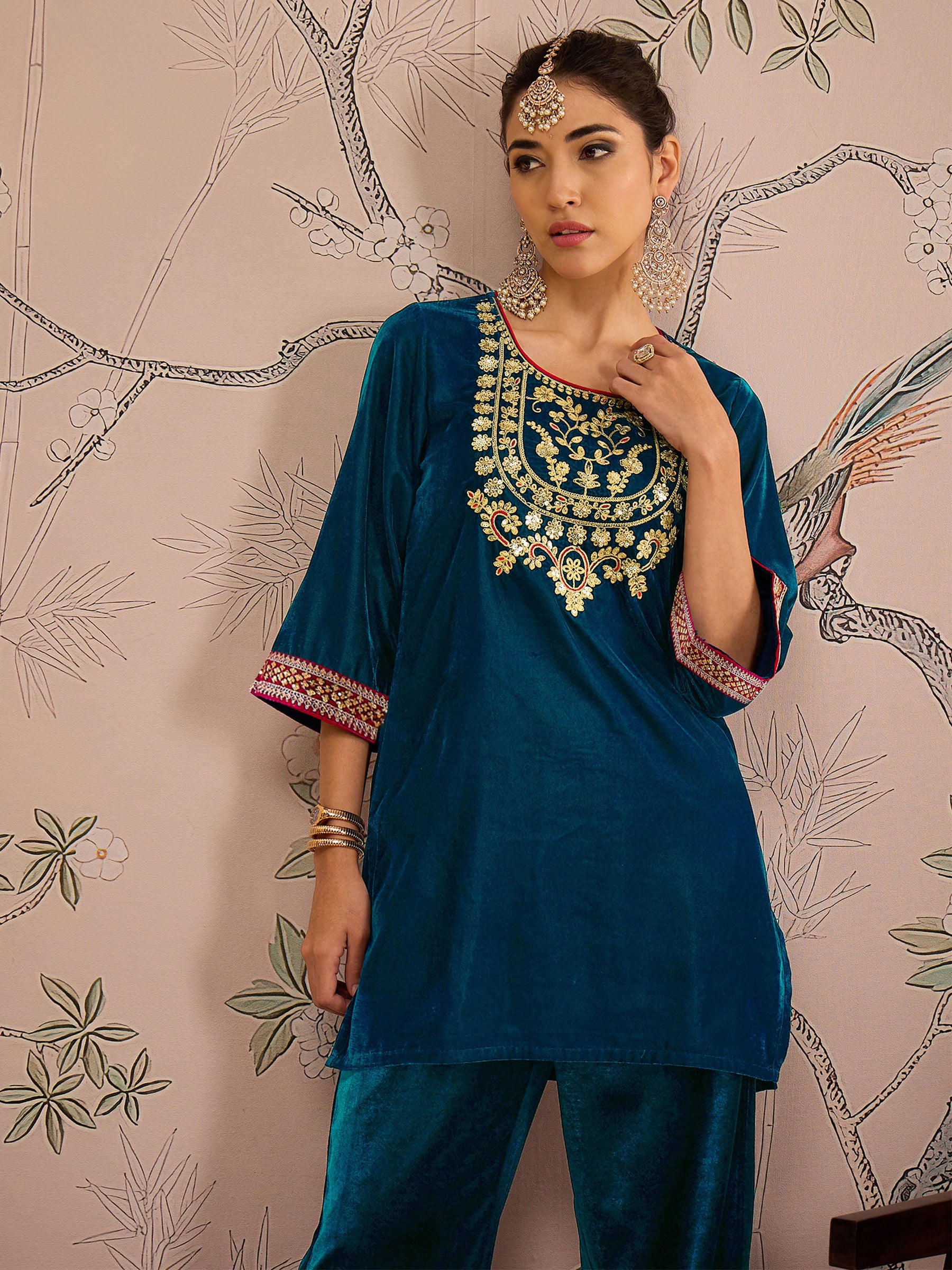 Teal Velvet Front Embroidered Short Kurta-Shae by SASSAFRAS