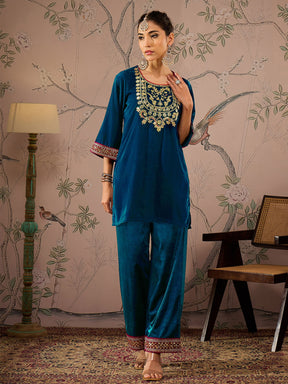 Teal Velvet Front Embroidered Short Kurta-Shae by SASSAFRAS