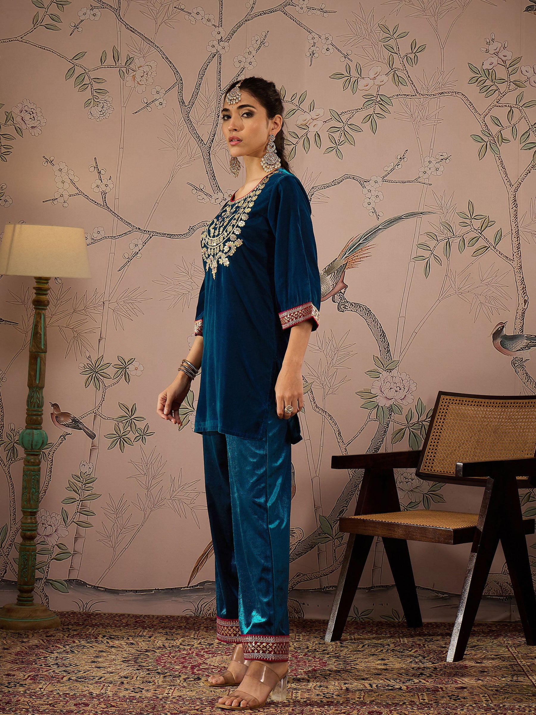 Teal Velvet Front Embroidered Short Kurta-Shae by SASSAFRAS