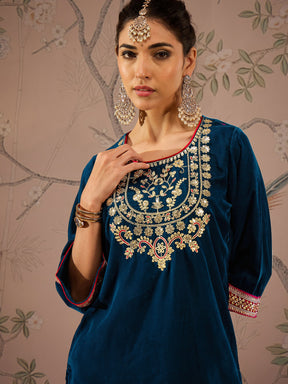 Teal Velvet Front Embroidered Short Kurta-Shae by SASSAFRAS