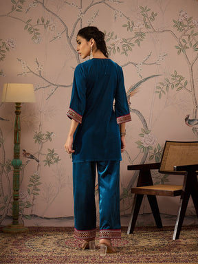 Teal Velvet Front Embroidered Short Kurta-Shae by SASSAFRAS