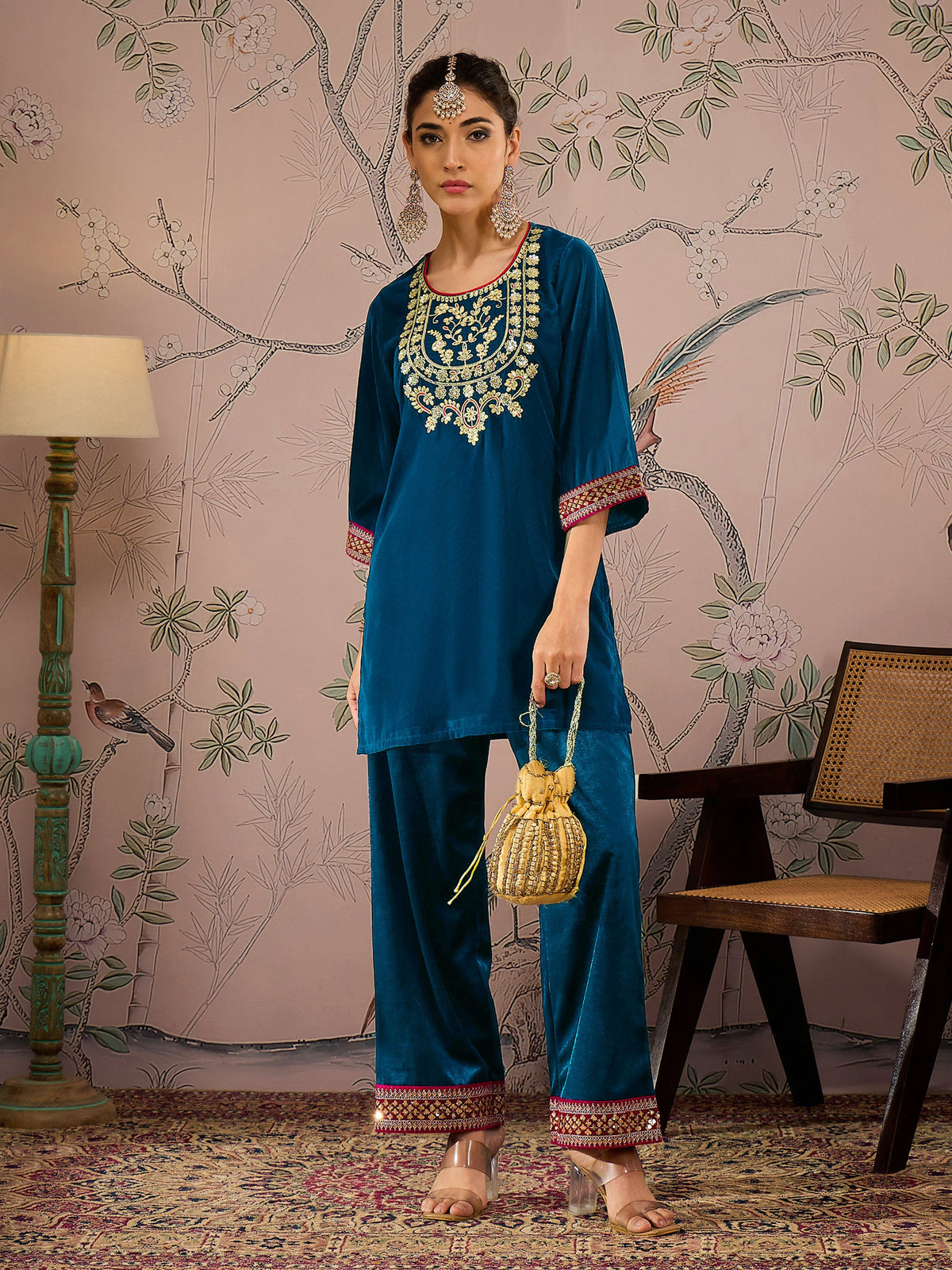 Teal Velvet Embroidered Short Kurta With Straight Pants-Shae by SASSAFRAS