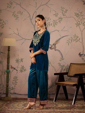 Teal Velvet Embroidered Short Kurta With Straight Pants-Shae by SASSAFRAS