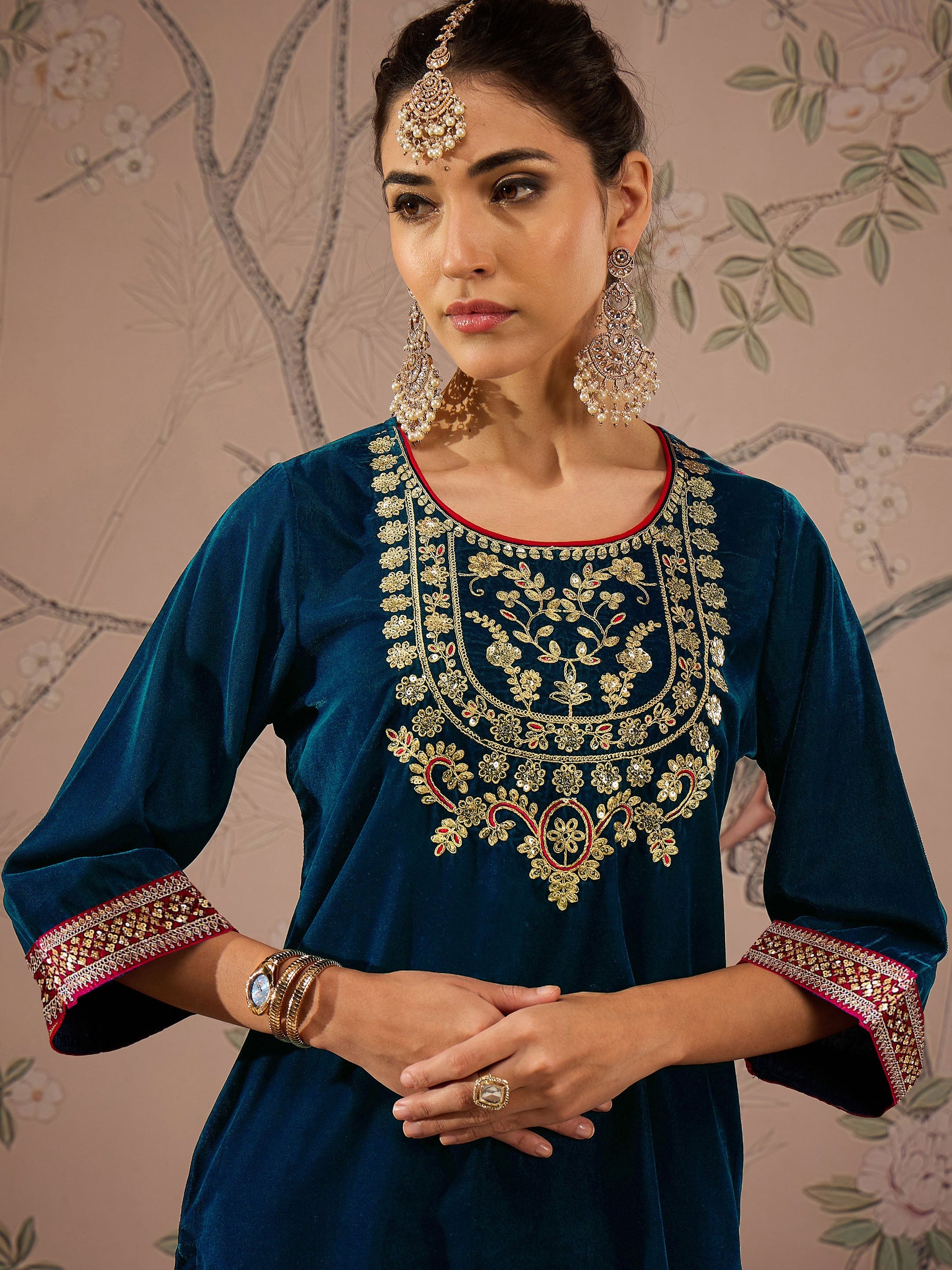 Teal Velvet Embroidered Short Kurta With Straight Pants-Shae by SASSAFRAS