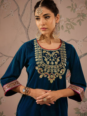 Teal Velvet Embroidered Short Kurta With Straight Pants-Shae by SASSAFRAS