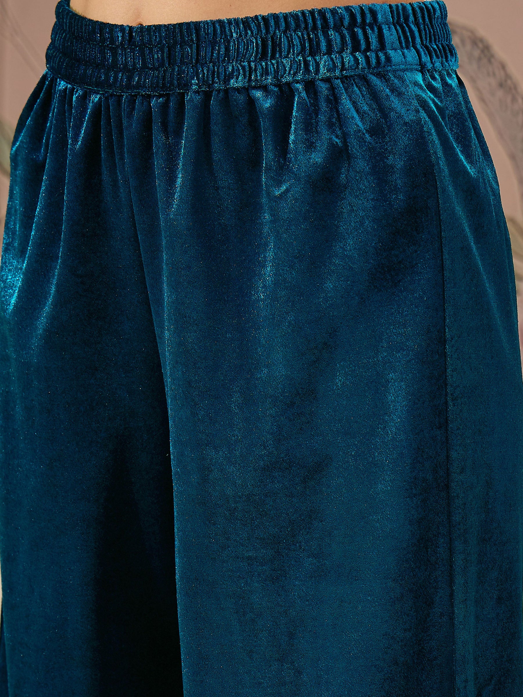 Teal Velvet Embroidered Short Kurta With Straight Pants-Shae by SASSAFRAS