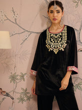 Black Velvet Embroidered Short Kurta -Shae by SASSAFRAS