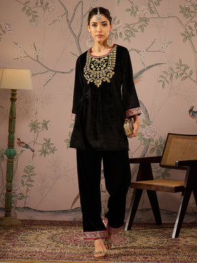 Black Velvet Embroidered Short Kurta -Shae by SASSAFRAS