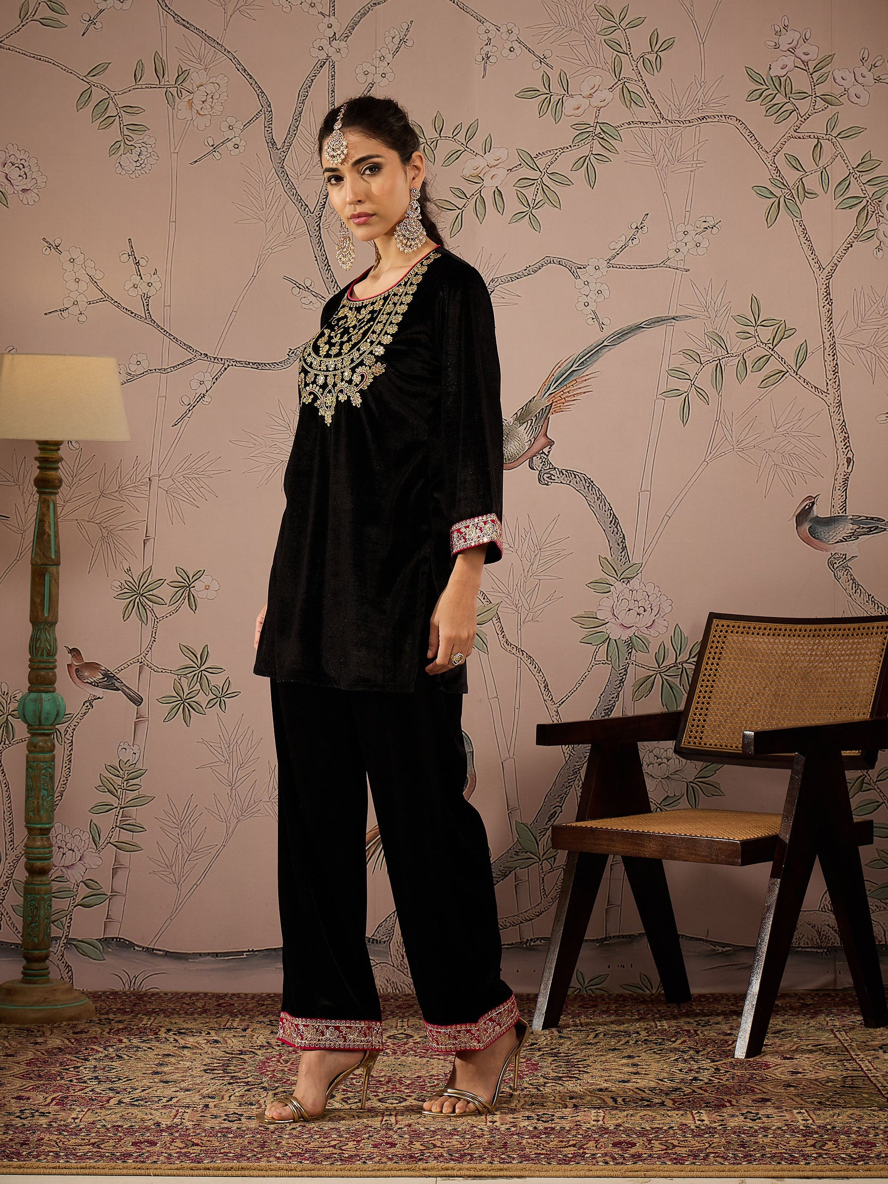 Black Velvet Embroidered Short Kurta -Shae by SASSAFRAS