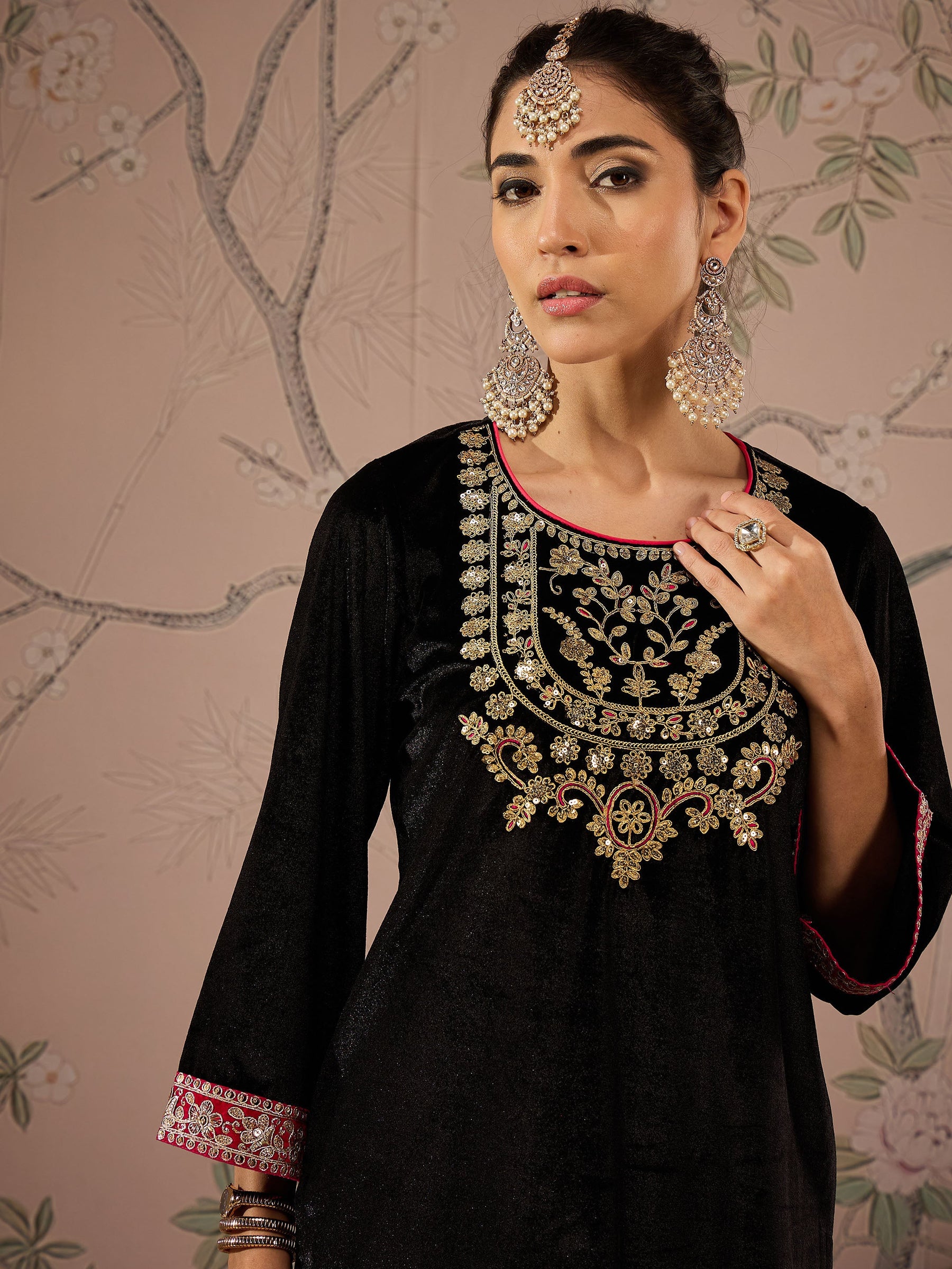 Black Velvet Embroidered Short Kurta -Shae by SASSAFRAS