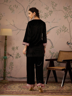 Black Velvet Embroidered Short Kurta -Shae by SASSAFRAS