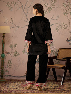 Black Velvet Embroidered Short Kurta With Straight Pants-Shae by SASSAFRAS