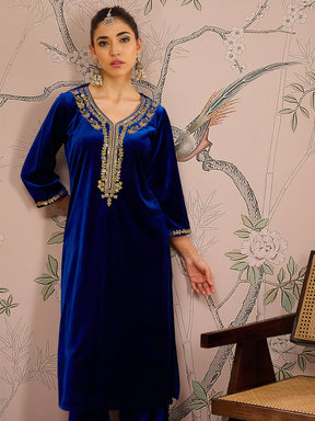 Royal Blue Velvet Front Embroidered Straight Kurta -Shae by SASSAFRAS