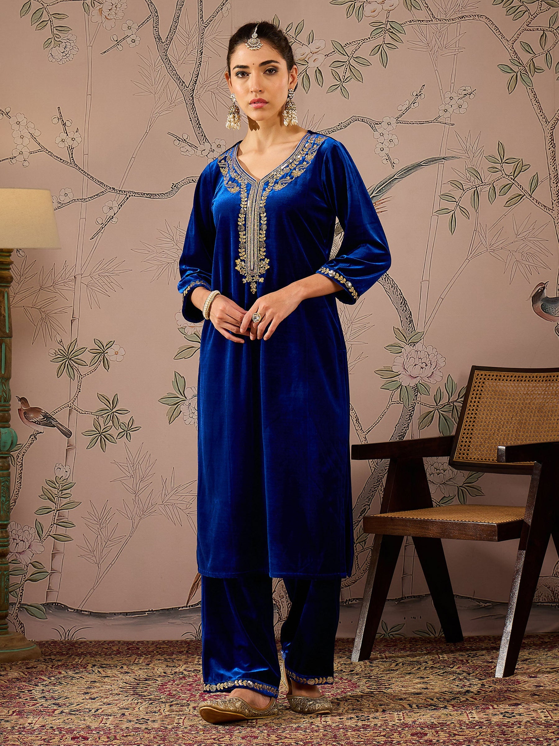 Royal Blue Velvet Front Embroidered Straight Kurta -Shae by SASSAFRAS