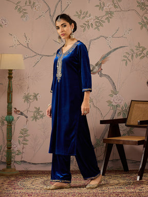 Royal Blue Velvet Front Embroidered Straight Kurta -Shae by SASSAFRAS