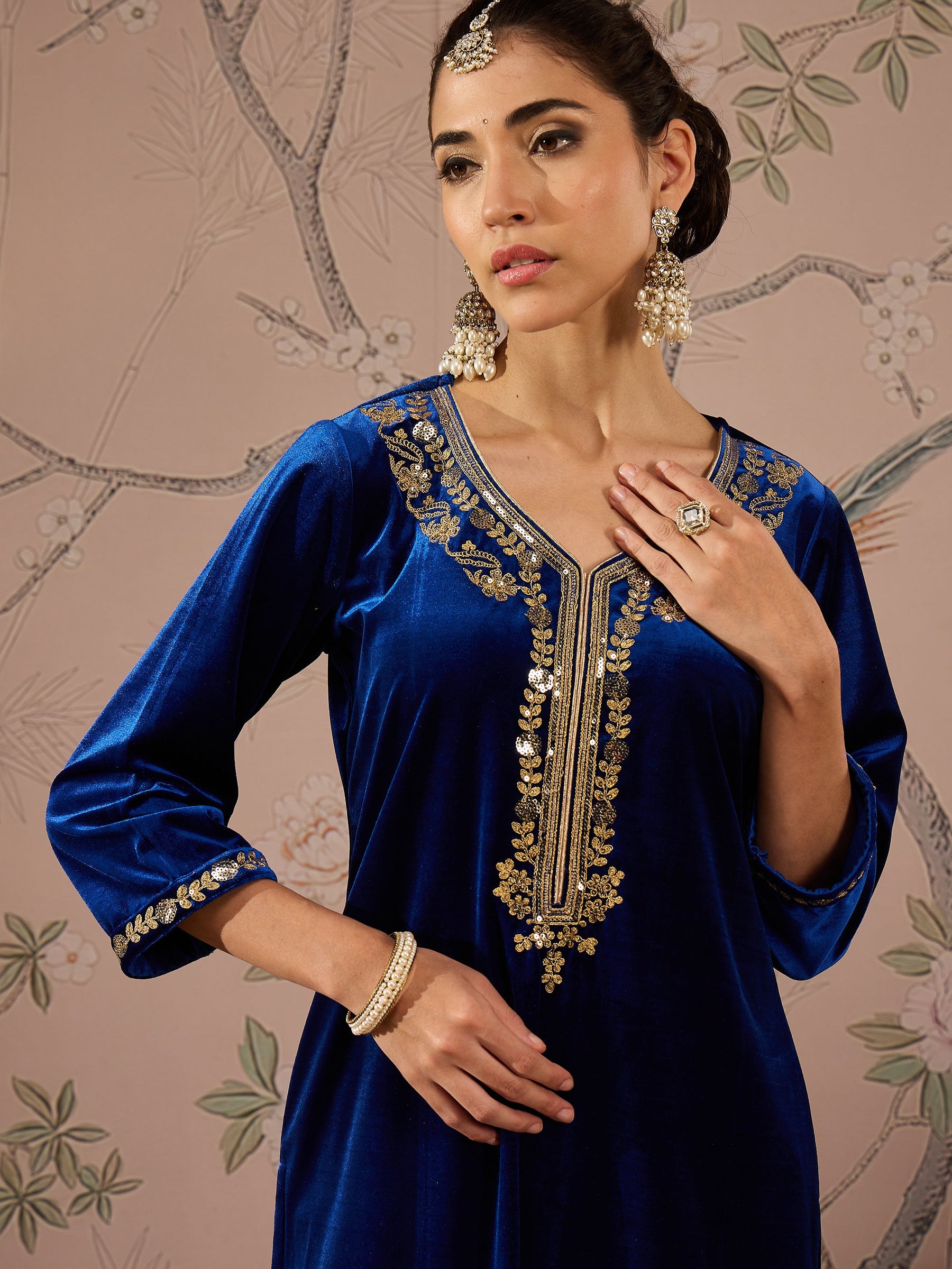 Royal Blue Velvet Front Embroidered Straight Kurta -Shae by SASSAFRAS