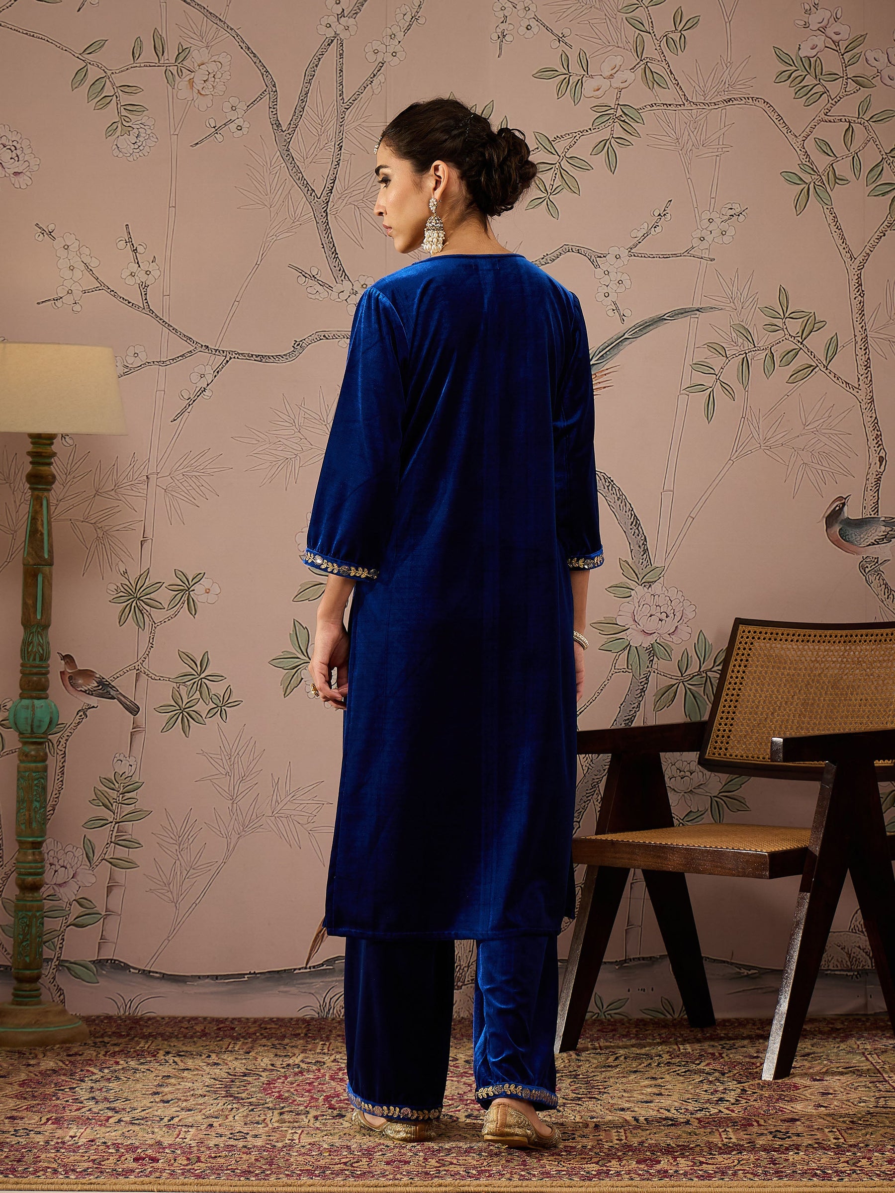 Royal Blue Velvet Front Embroidered Straight Kurta -Shae by SASSAFRAS