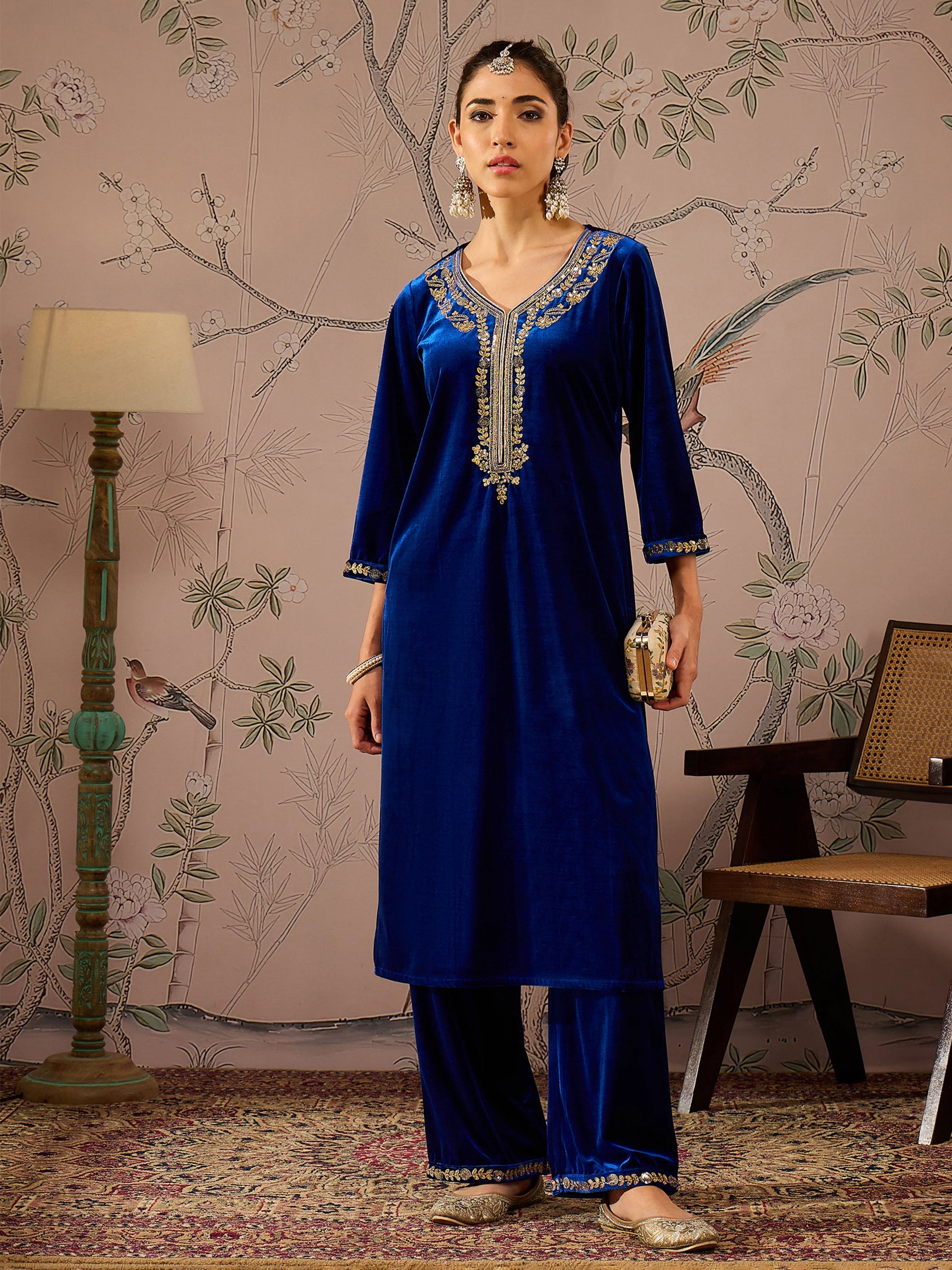 Royal Blue Velvet Embroidered Kurta With Straight Pants -Shae by SASSAFRAS