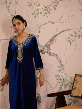 Royal Blue Velvet Embroidered Kurta With Straight Pants -Shae by SASSAFRAS