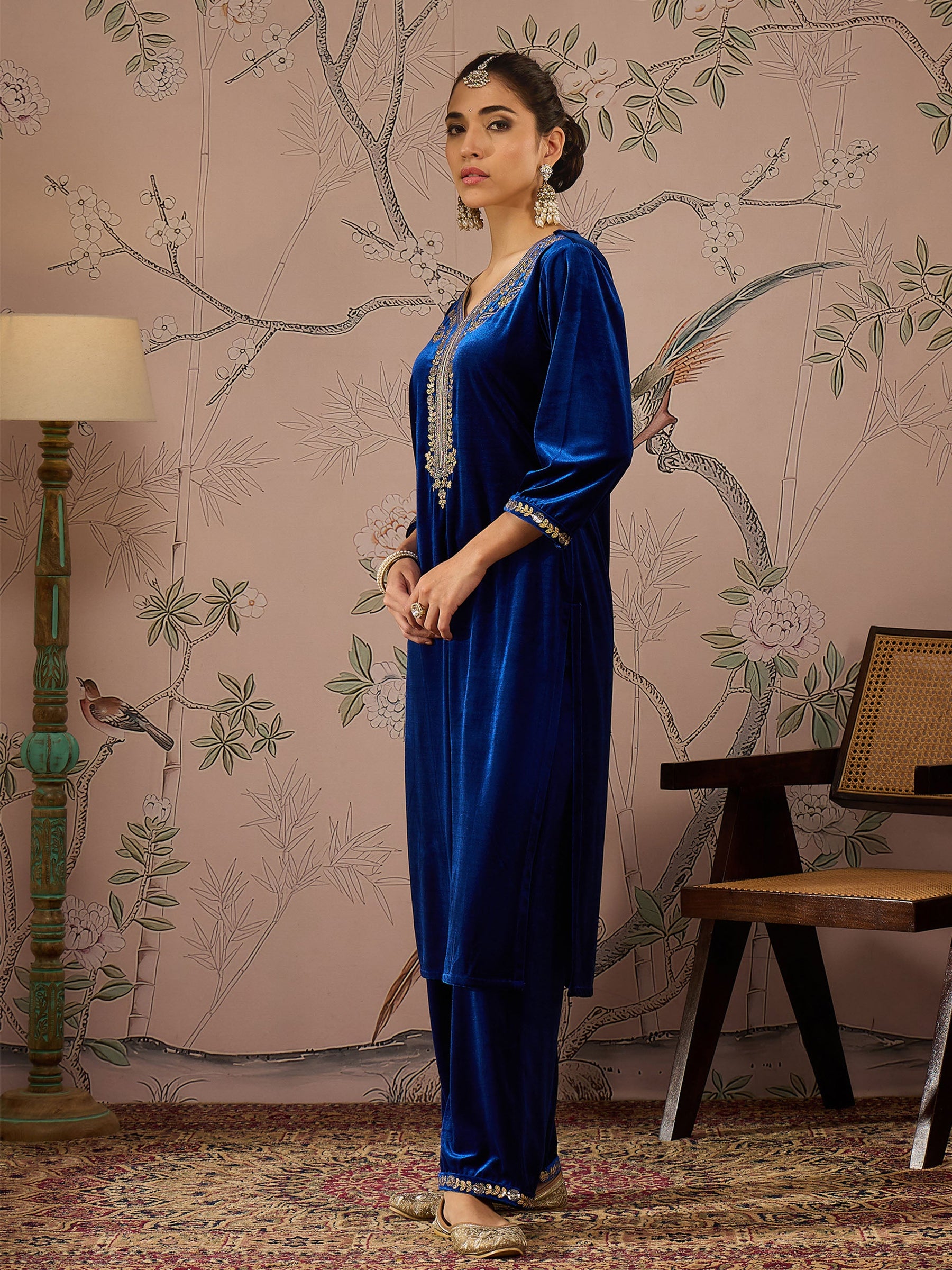 Royal Blue Velvet Embroidered Kurta With Straight Pants -Shae by SASSAFRAS