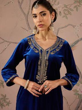 Royal Blue Velvet Embroidered Kurta With Straight Pants -Shae by SASSAFRAS